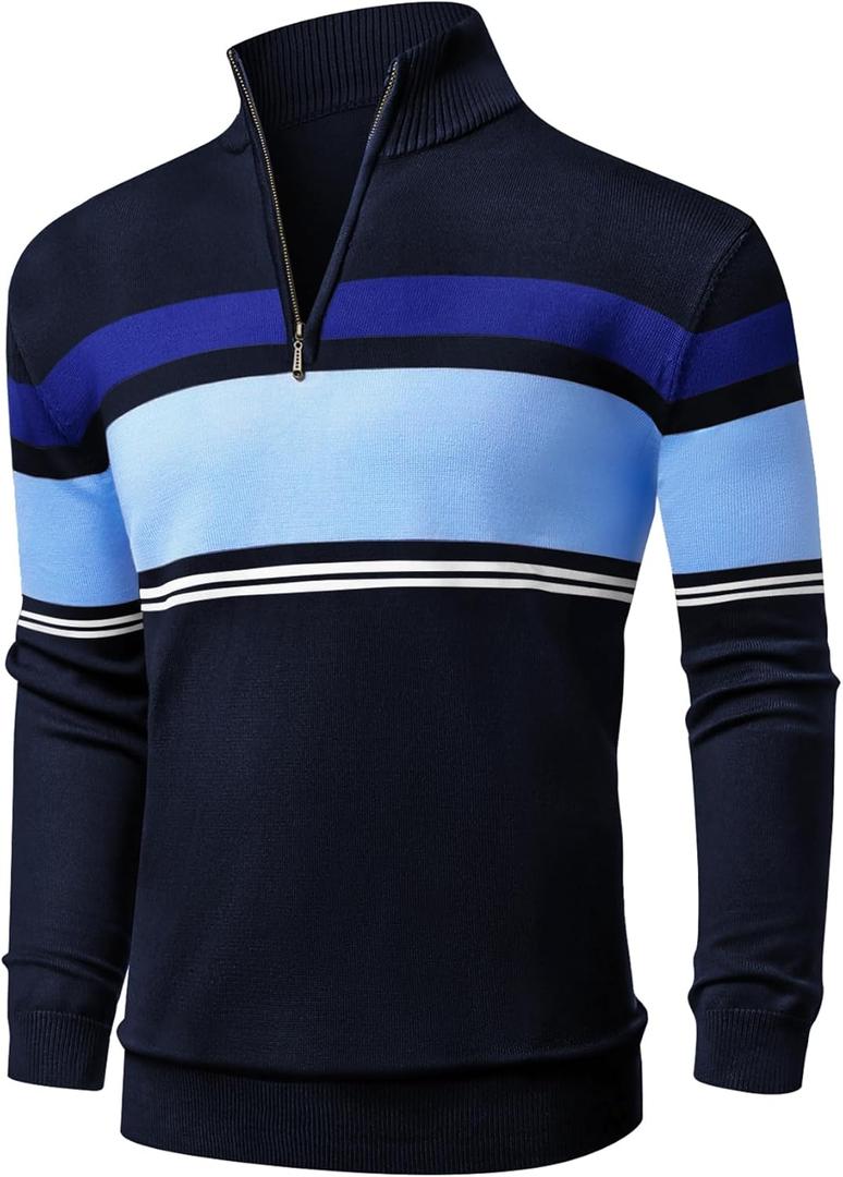 NITAGUT Mens Sweaters 1/4 Zip Up Striped Pullover Slim Fit Fall Winter Spring Long Sleeve Polo Sweaters (XX-Large, Navy Blue)