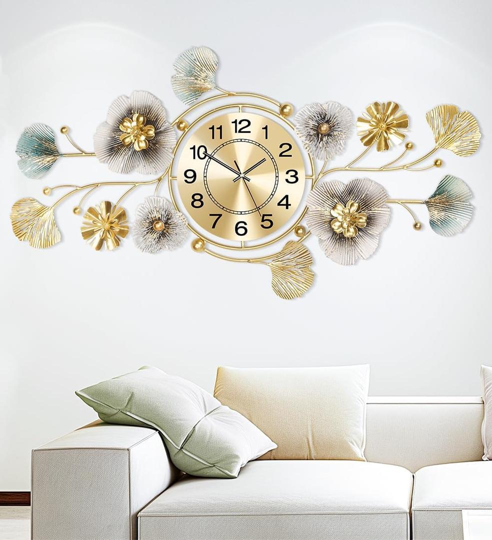 Wall Clock, Clocks for Living Room, Silent Wall Clock Decorative, 3D Retro Metal Ginkgo Leaf Design, for Office Bedroom Kitchen Clock(33''x18'') (Blue Color - Arab)