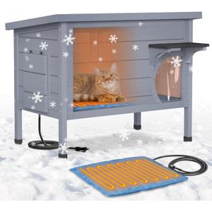 Heated Cat House for Outside - Wooden Outdoor Cat Houses for Outdoor Cats, Winter Outside Cat House Weatherproof, Warm Insulated Cat House for Feral Cats, with Heated Pad, Escape Door