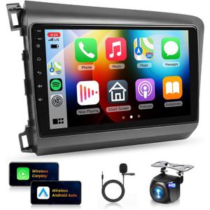 Car Stereo for Honda Civic 2012-2015 [6+128G 8Core] Wireless Carplay Android Auto,9" 1280 * 720P IPS Touch Screen Radio, Android13/GPS/WiFi/32EQ DSP/59UI/Bluetooth5.0/SWC+AHD Backup Camera&Mic