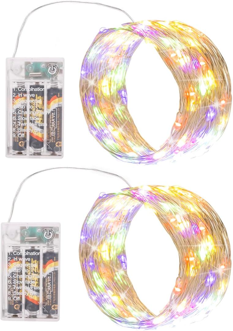 Multicolor Fairy Lights Battery Operated (Included), 8 Modes & Auto Timer, 2 Packs 5m 50Led Mini Twinkle Silver Wire Firefly Starry Lights, Waterproof Battery Operated Lights for Bottle