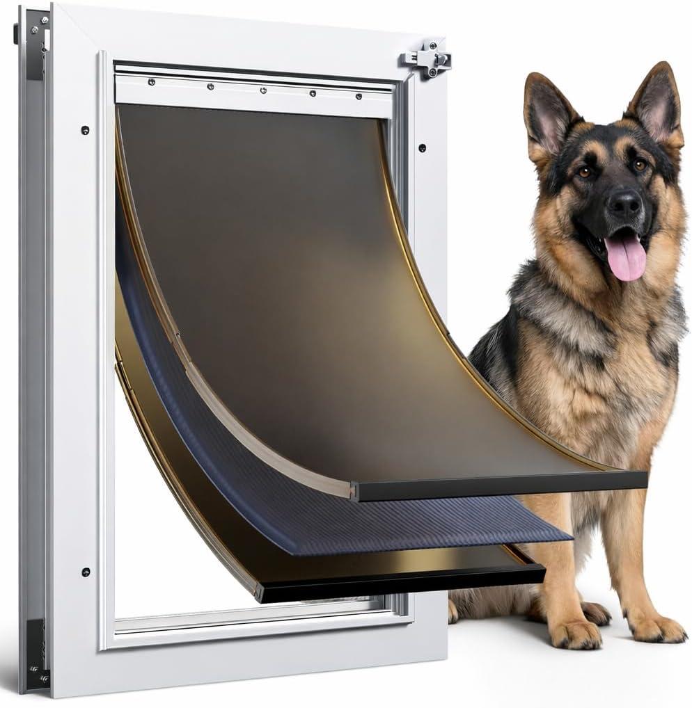 Dog Door for Door 3 Flaps Large, All Aluminum Doggy Door, Doggie Door
18.7" x 9.92" flap opening, Pets Up to 110lbs, fit door 1.26" - 2.08" thick, Closing Panel, Safety Locks, Dustproof Rustproof