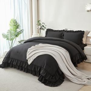 ANGIYUIN 5Pcs Black Full Size Ruffled Bed in Bag Farmhouse Shabby Comforter Set Solid Elegance Bedding Comforter Set with Sheets Soft Lightweight Bed Set for Women Men(Black Full)