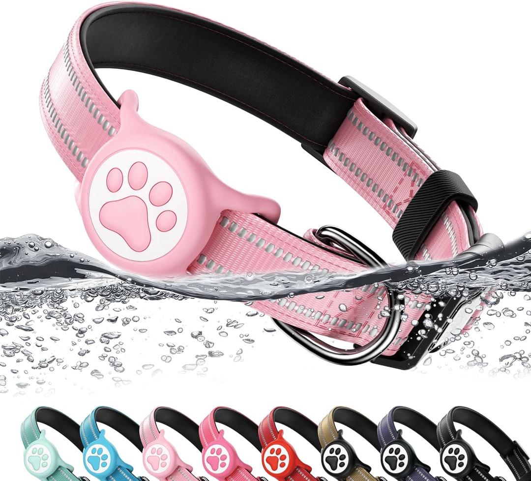 Airtag Dog Collar, Reflective Ultra-Durable Nylon Padded with QR Code Buckle & IP68 Waterproof Air Tag Holder Compatible for Apple AirTag, Comfortable for Small Medium Large Dogs(Pink,M)