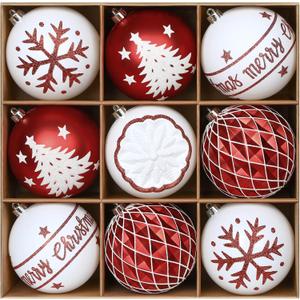 SHareconn 100MM/4 Inch 9PCS Large Christmas Balls Ornaments, Shatterproof Plastic Hanging Big Baubles Set for Xmas Tree Decoration Holiday Party Wedding Decorations with Hook,Red and White (10CM)