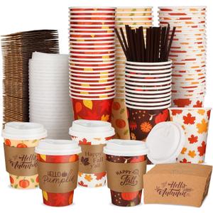 100 Set 12 oz Winter Christmas Hot Coffee Cups Disposable with Lids and Sleeves Hot Cocoa Cups for Winter Christmas Thanksgiving Birthday Party Supplies (Maple Leaf, White)