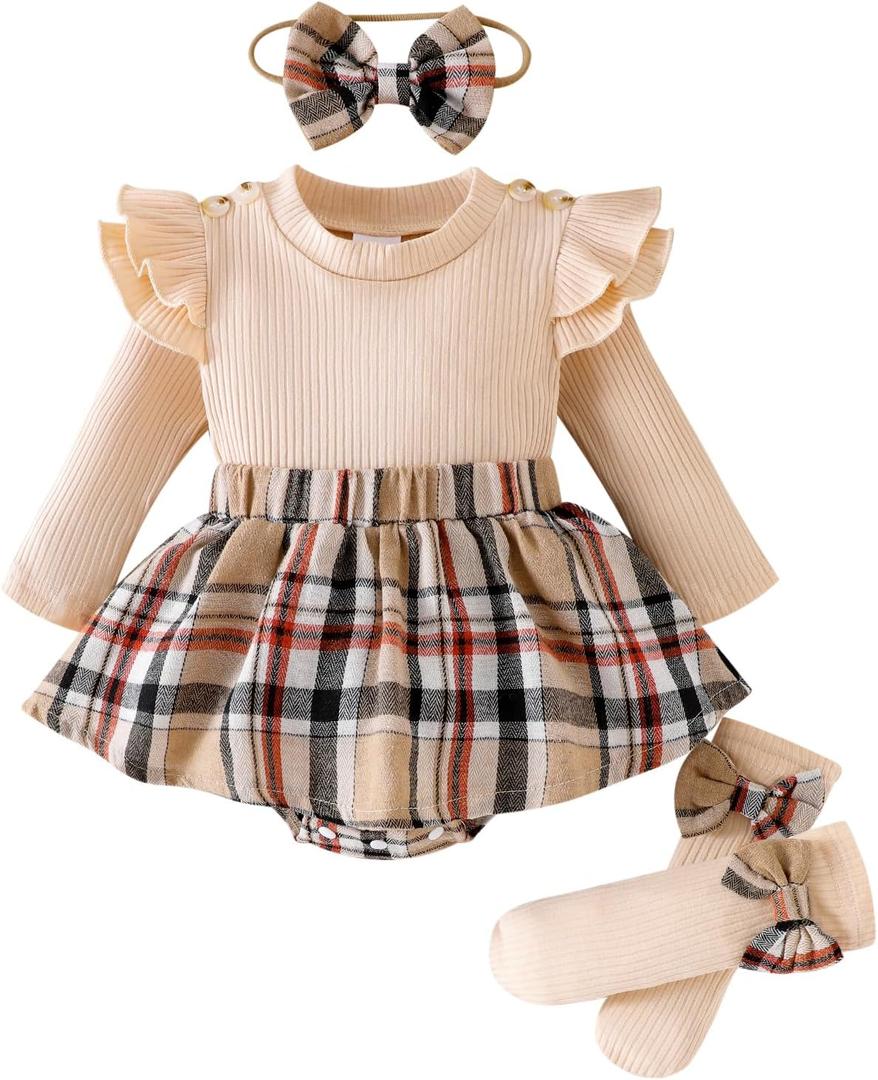 Newborn Baby Girl Plaid Outfits Long Sleeve Ruffled Romper Bodysuit with Bow Headband Socks Fall Winter Clothes (3-6 Months, Beige Brown)