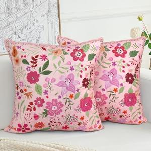 COARVXA Floral Pillow Covers 24x24 Set of 2,Pink Farmhouse Floral Pillow Covers Decorative Double Sided Pattern Cushion Cover Soft Pillow Case for Living Sofa Room Bed Porch Patio Square Pillow Cover