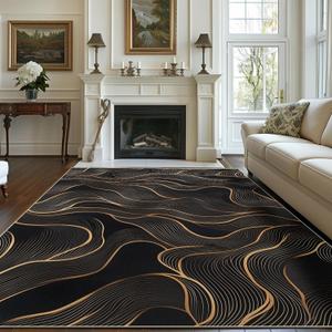 6x9 Area Rug Black Gold Modern Rug for Living Room Indoor Machine Washable Abstract Rugs for Bedroom Ultra Soft Dining Room Large Carpet Non-Slip Non-Shedding Throw Rug for Home Office