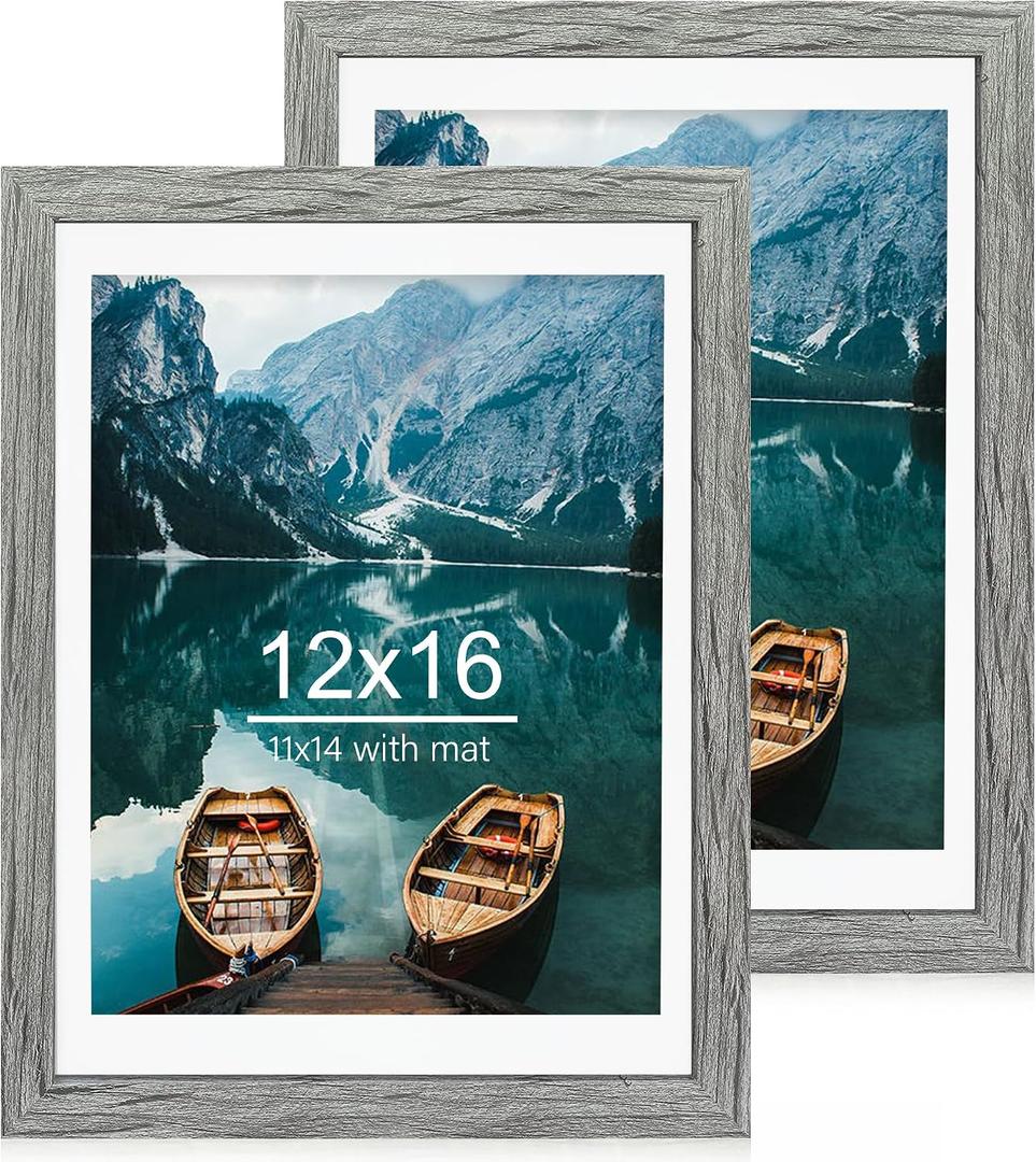 Hongkee 12x16 Picture Frame Set of 2, Rustic Grey Wood Style - Display 12 x 16 Poster without Mat or 11x14 Picture with Mat, Wall Mounting Horizontal and Vertical, Grey 