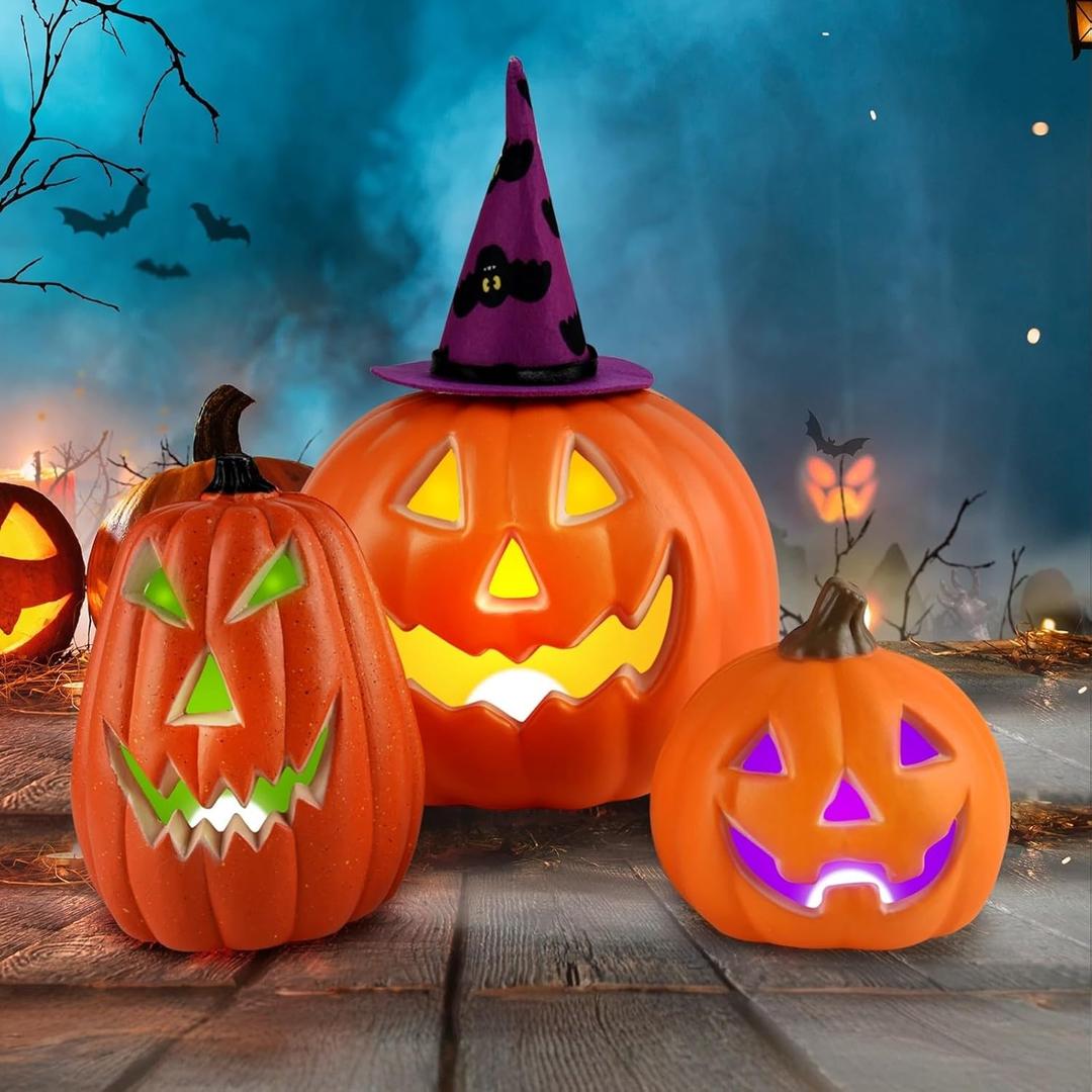 Halloween LED Jack-O-Lantern Lights with Purple Bat Hat, Color-Changing Pumpkin Decor Set of 3 Battery Operated Table Ornaments for Home Party Decor