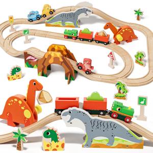 Lehoo Castle Wooden Train Set, Dinosaur Wooden Train Track Set, Wood Toy Train Set for Toddlers 2-4, Train Toys for Toddlers 3-5, Fits Thomas, Fits Brio, Fits Melissa and Doug