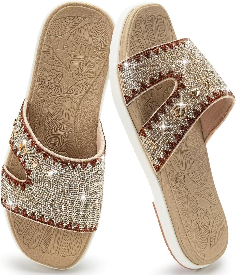 ONCAI Womens Sandals with Rhinestone Ladies Flat Slides, Glitter Sparkly Summer Beach Vacation Comfort Square Open Toe Sandalias Mujer 2026 with Outdoor Rubber Soles Beige White US Size 9
