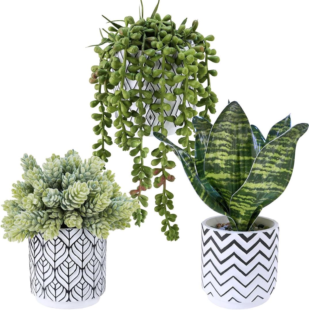 Winlyn Set of 3 Artificial Potted Succulent Plants Faux Snake Plant Hops String of Pearls in Black White Geometric Planter Small Fake Desk Plants for Kitchen Bathroom Shelf Desk Table Windowsill Decor (White Pots With Pattern)