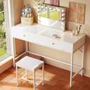 SUPERJARE 43-inch White Desk with 2 Drawers and Padded Stool, Modern Makeup Vanity & Computer Desk with Storage for Home Office, Bedroom Study