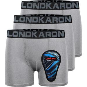 3-Pack Youth Boys Stretch Boxer Briefs w/Soft Protective Cup, Elite Boxer Jock for Baseball & Football (X-Small, Light Grey)