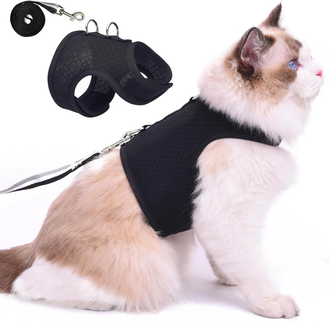 Cat Harness and Leash for Walking Escape Proof Breathable Mesh Fabric, Solid Black, Medium, Adjustable Cat Walking Jackets, Padded Stylish Cat Vest (M 5.5-9LBS)