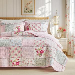 Joyreap Floral Cotton Quilt Set, Pink Aqua Flowers Grid Patchwork Design for Spring, 2 Pieces Twin Size Quilt Bedding Set, Soft n Cozy Bedspread Bed Cover for All Season- 68x88 inches