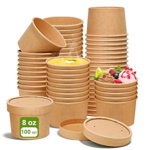 8oz Paper Soup Container Cup with Vented Lids, Disposable Paper Food Container Kraft Soup Bowls, Microwavable and Freezer Safe To Go Soup Containers for Hot Soup, Ice Cream (100 Pcs - Kraft, 8 oz)