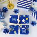 Tifeson 4 Rolls Hanukkah Wrapping Paper, Mini Roll, Chanukah Blue White Holiday Gift Wrapping Paper Menorahs, Star of David, Dreidel Stripe Design,17 Inch x 118 Inch Per Roll