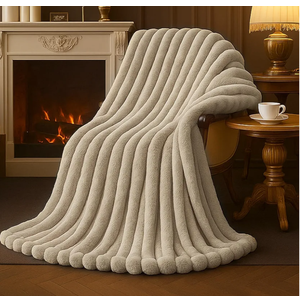 Cozy Fuzzy Fluffy Fur Luxurious Soft Striped Plush Gift Blankets for Family Sofa Chair Bedroom, 50 x 60 Beige