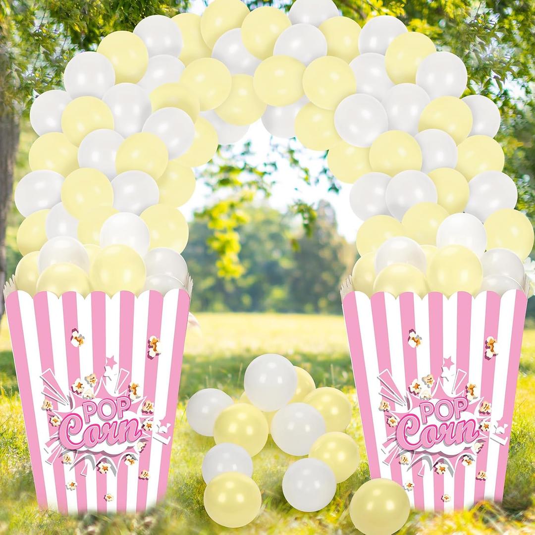Sosation 2 Pack Giant Popcorn Box Prop Cardboard Stand up with Balloons Movie 3D Popcorn Bucket Decoration Large Carnival Circus Decorations Arch Kit for Movie Night Themed Birthday Party (Pink)