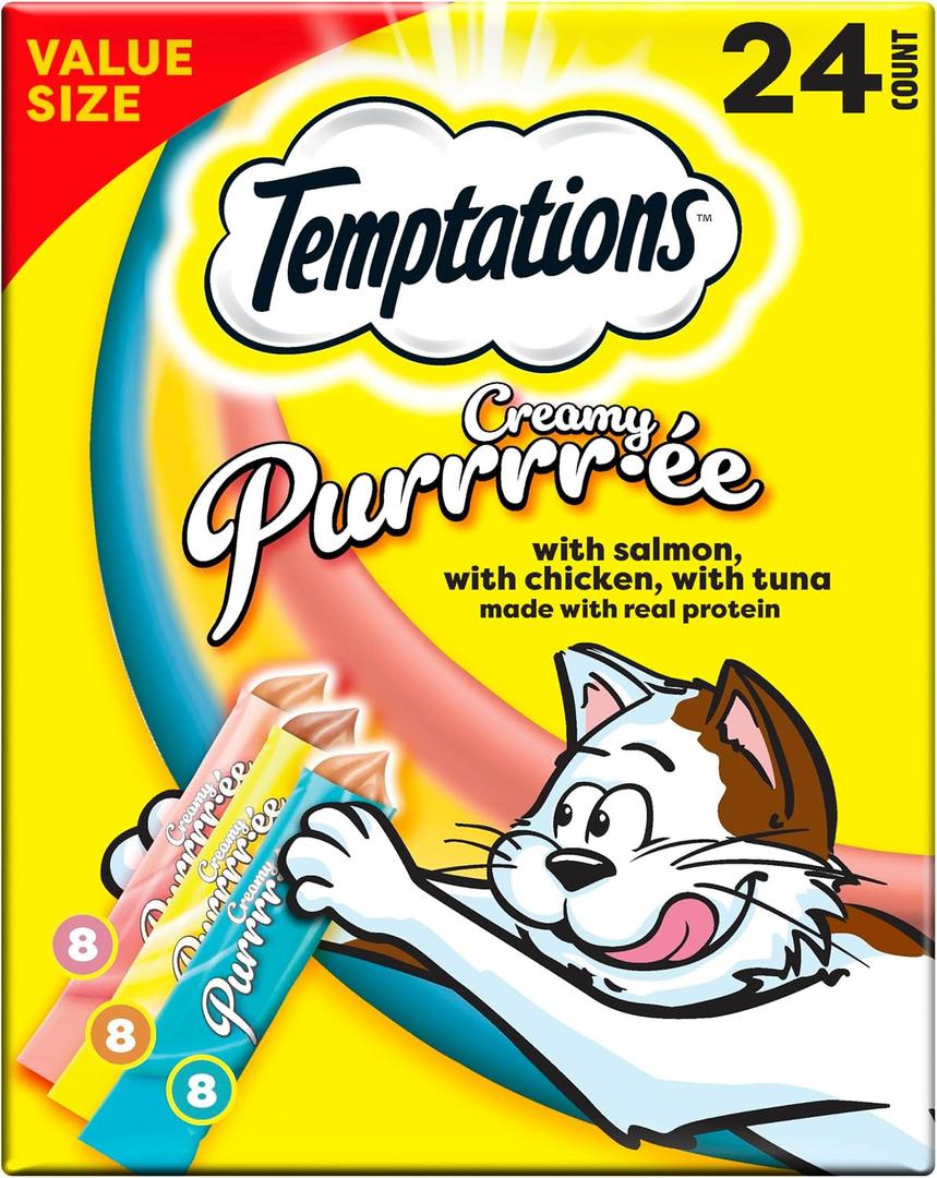 Temptations Creamy Puree Variety Pack of Squeezable Cat Treats, 0.42 oz. Tubes, 24 Count BB:07/28/27