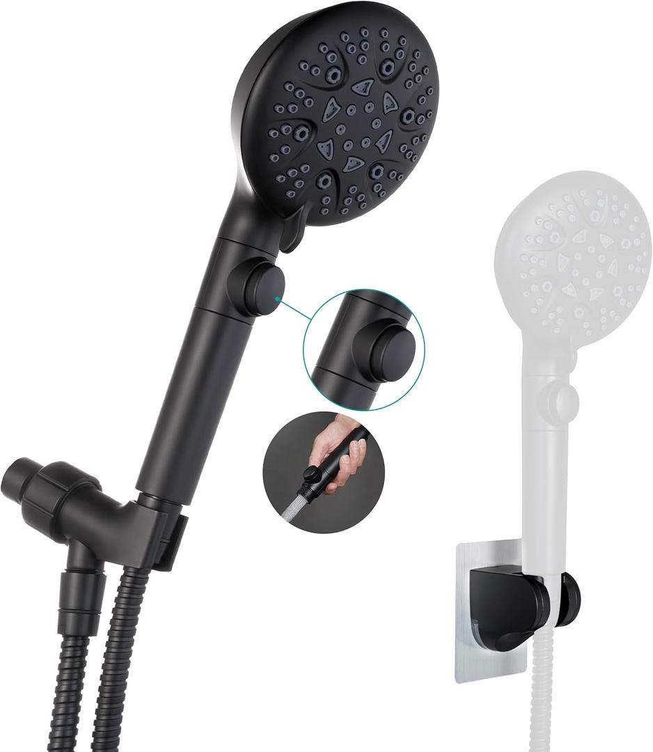GwernKB Handheld Shower Head with On Off Switch,8-mode High Pressure Shower Wand with Long Hose and Bracket Extra Adhesive Holder for Lower Mount,Built-in Power Wash to Clean Tub,Tile & Pets,Black