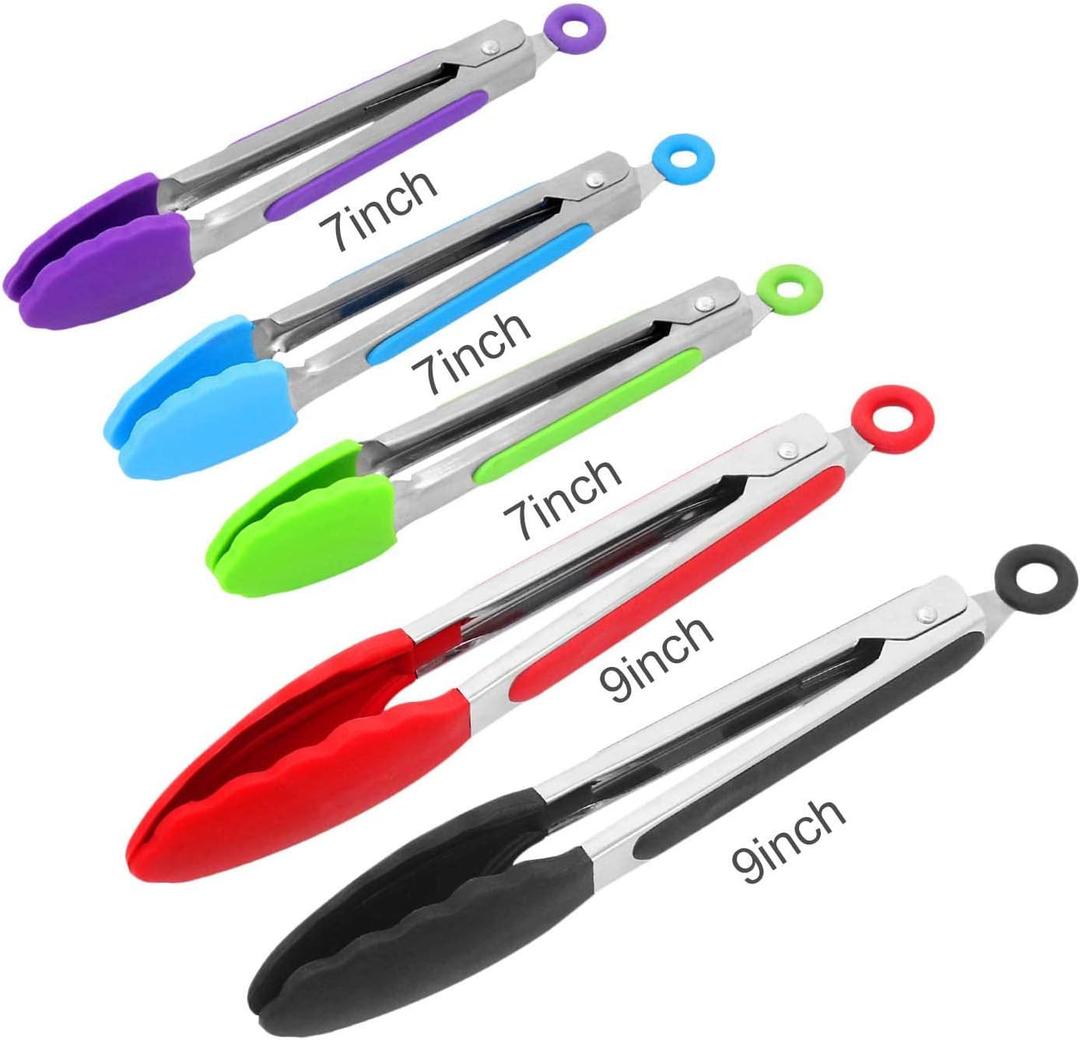 Kitchen Tongs with Silicone Tips - ForTomorrow Set of 5, 7 9 Inch Premium Silicone Tipped Tongs for Cooking Heat Resistant, Serving Food, BBQ (Multicolor) Kitchen Tongs with Silicone Tips - ForTomorrow Set of 5, 7 9 Inch Premium Silicone Tipped Tongs for Cooking Heat Resistant, Serving Food, BBQ (Multicolor)