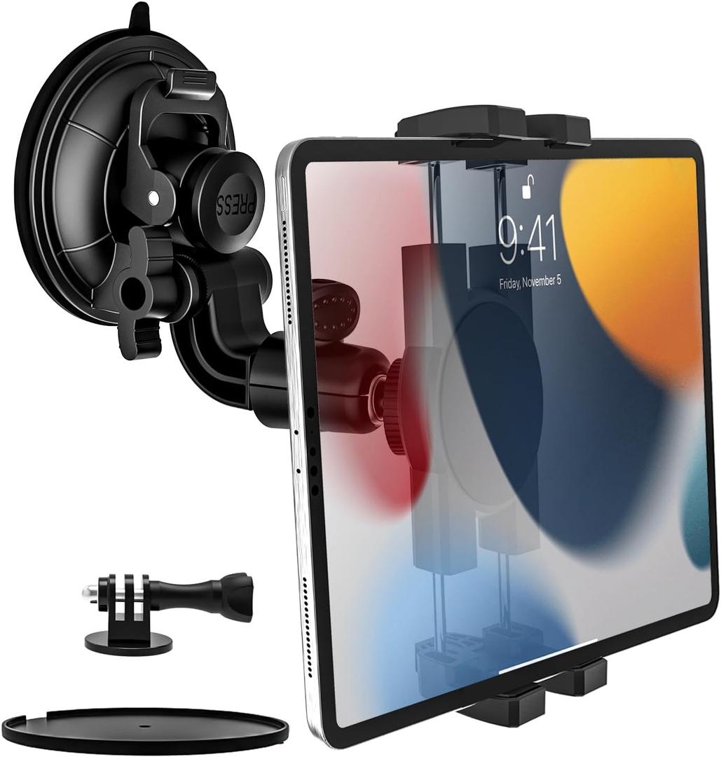 YOOZ Heavy Duty Suction Car Tablet Mount for Windshield, Truck Tablet Holder Dashboard Window with 1/4" Screw Adapter for iPad Pro Air Mini, Galaxy Tabs, Phones, 4-12.9" & Gopro/Camera