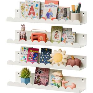 sothfubo Nursery Book Shelves, Kids Bookshelf and Toy Storage, 17 Inch Metal Floating Shelves Set of 4, Wall Shelves for Bedroom, Kids Room, Bathroom, Kitchen, Playroom Decor, Nursery Decor
