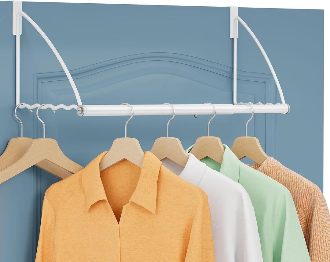 Tajsoon Over the Door Hanger Expandable & Adjustable, Over Door Clothes Hanger Rack for Towel & Coat, Bathroom Over Door Clothes Rack Hooks for Bedroom, Washroom, Fits Doors up to 1¾”, Metal, White
