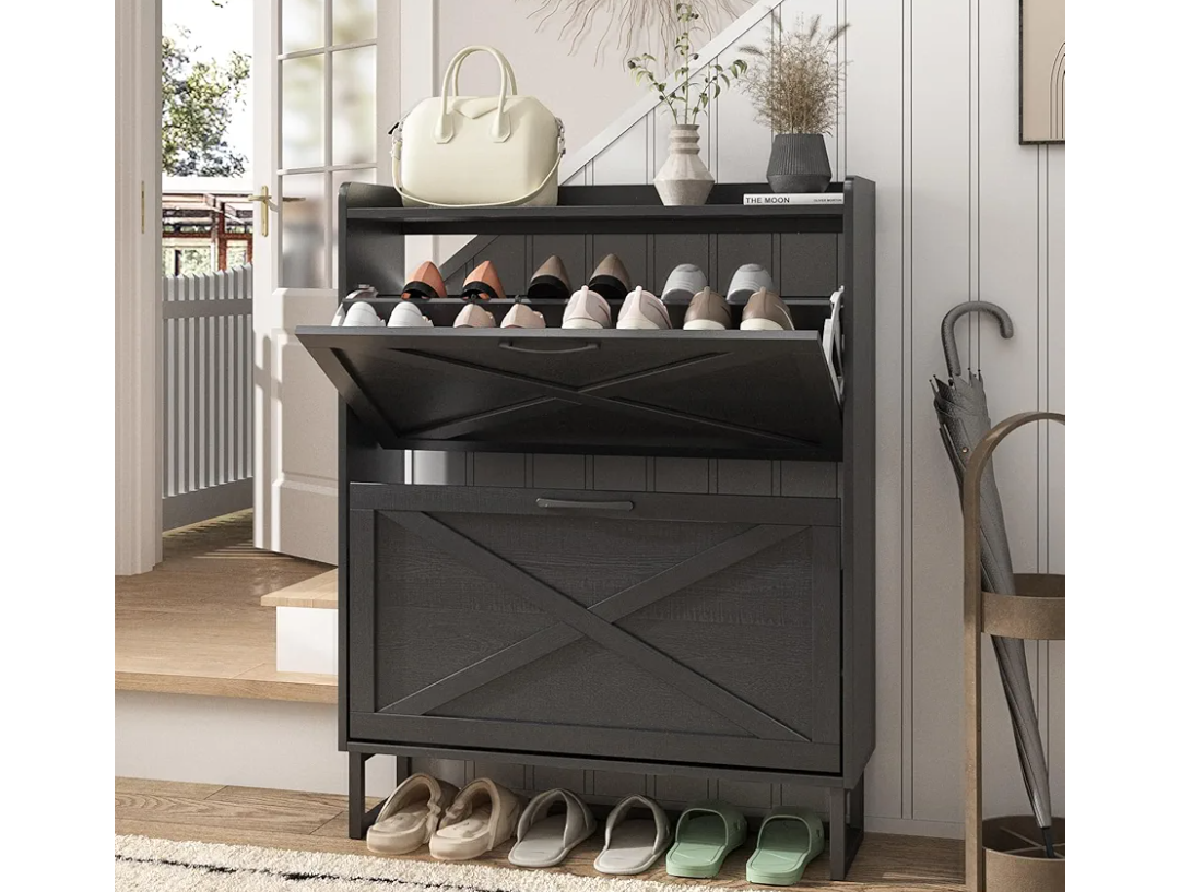 Maupvit Shoe Storage Cabinet with 2 Flip Drawers, Freestanding Organizer with Metal Legs for Entryway, Narrow Shoe Rack Cabinet, Black