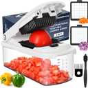 Ourokhome Chopper Vegetable Cutter with Container, Manual Hand Food Onion Dicer with 2 Chopping Blades for Potato Strips, Veggie Cubers, Carrot Sticks, Essential Kitchen Gadgets (2 in 1, White)