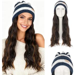 Benehair Beanie Wig for Women with Hair Attached 18'' Long Wavy Synthetic Hair Extensions Knitted Hat Keep Warm in Winter Christmas Gifts Medium Brown&Bleach Blonde