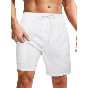 Mens Swimsuit Trunks 7" Quick Dry Swim Shorts with Compression Liner and Zipper Pockets (White, XL)