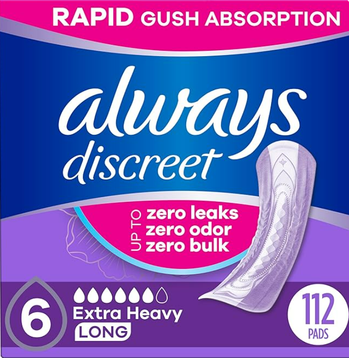 Always Discreet Adult Incontinence Pads for Women, Extra Heavy Absorbency, Long Length, Postpartum Pads, 112 CT