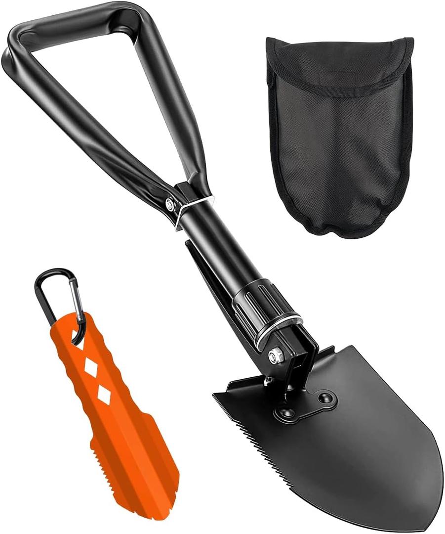 Camping Shovel Set, 3-in-1 Ultra-Light Aluminum Mini Shovel & 18.5'' Folding High Carbon Steel Shovel Ideal for Gardening, Hiking, Camping, Backpacking, Survival, and Emergency scenarios (Black)