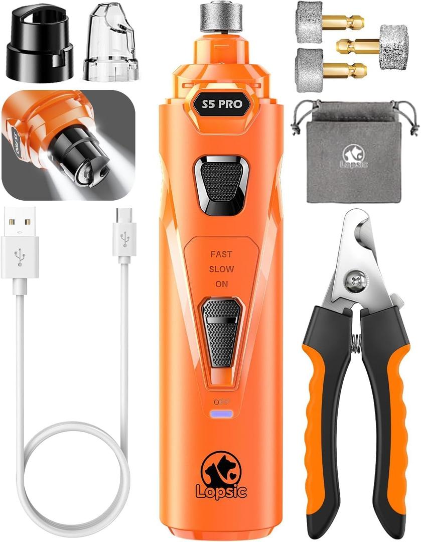 Whisper Quiet Dog Nail Grinder with 4 LED Lights, Safe & Stress-Free for Sensitive Dogs of All Breeds & Sizes, 3 Grinding Bits, 3-Speed, Pet Nail Trimmers, Rechargeable Painless Grooming Kit Orange