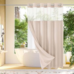 Gibelle Long Shower Curtain 72x80, Waffle Weave Bathroom Shower Curtain with Snap-in Fabric Liner Set, No Hooks Needed, Hotel Style with Mesh Top Window, Blush Pink