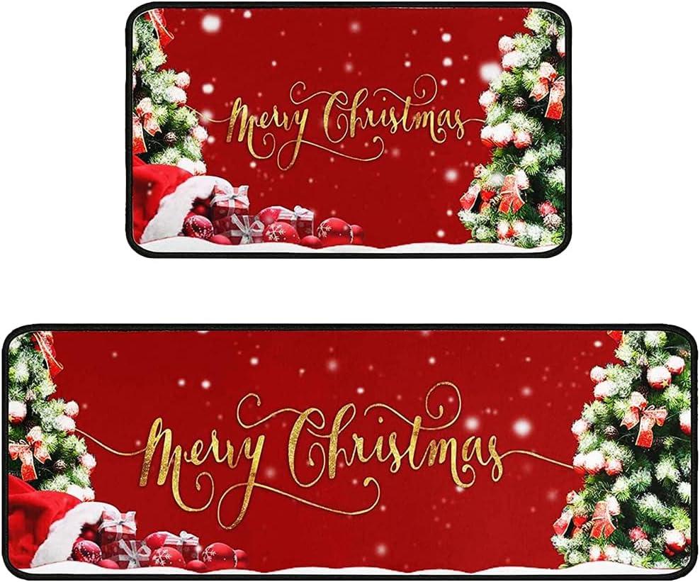 Wvapzwr Christmas Kitchen Rugs and Mats Set of 2, Christmas Indoor Floor Mats Non-Slip Kitchen Mat Door Mat Runner Rug for Kitchen Home Christmas Decor 17" x 47"+17" x 29"
