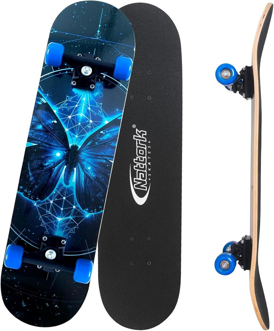 Nattork 31 Inch Complete Skateboard, Standard Skateboards for Beginners, Wood 9 Layer Canadian Maple Trick Skate Boards for Boys Girls Youth Teens Adults