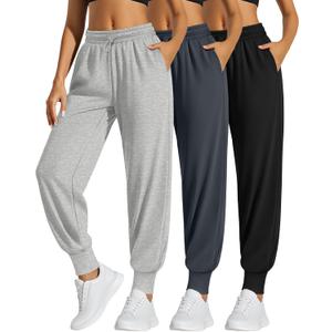 3 Pack Women's Sweatpants Jogger High Waisted Drawstring Athletic Running Yoga Workout Pants with Pockets (X-Large, Light Gray, Dark Gray, Black)