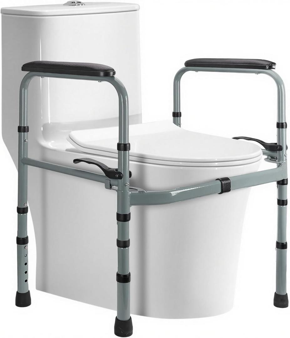 Toilet Safety Rail for Seniors  Adjustable & Foldable Toilet Safety Frame with Padded Handles, Stand Alone Bathroom Safety Rail & Toilet Support for Elderly, Fits Most Toilets, 350 lb Capacity (Large)