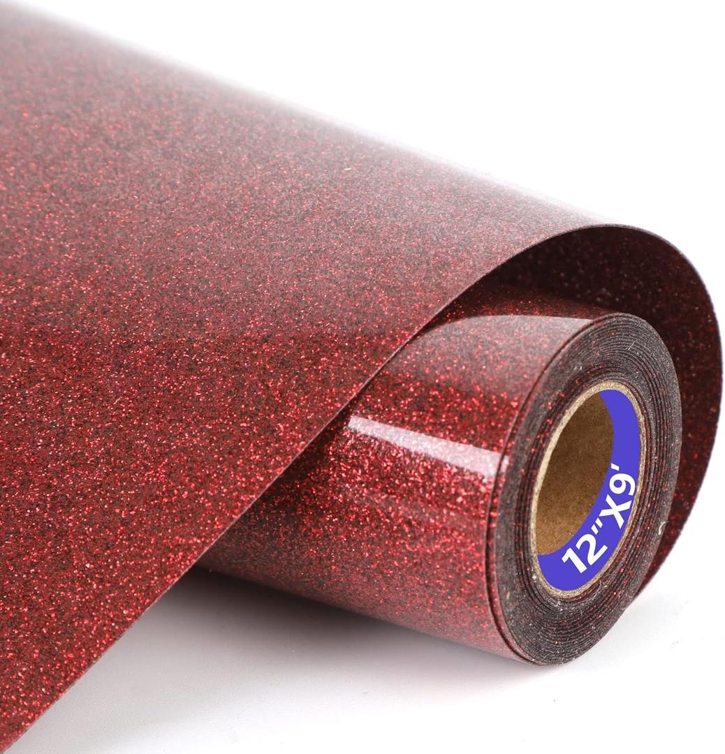 HTVVETUR Glitter Red Heat Transfer Vinyl - 12" x 9ft Glitter HTV Rolls for Shirts, Iron on Vinyl for Cameo - Easy to Cut & Weed (J003-9ft)