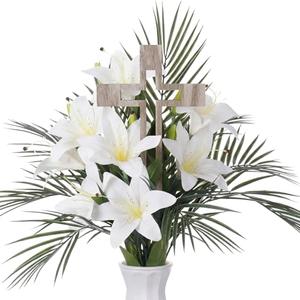 Rivvlive 21 Pcs Easter Palm Sunday Decoration, Artificial Branches Fake Lilies with Wood Crosses, Christian Large Faux Palm Sunday Leaves Flowers for Easter Church Arrangement Party Decoration