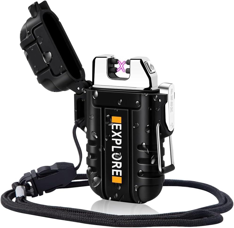 LcFun Electric Lighter Windproof Dual Arc USB Rechargeable Flameless Plasma Lighters Waterproof Matches for Camping Hiking Survival Tactical Gear Birthday Gifts for Men Husband, Black (Without Whistle)