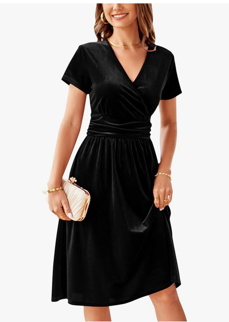 OUGES Womens Short Sleeve Wrap V Neck Velvet Midi Cocktail Dress with Pockets Summer Dress 2023, Size 2XL