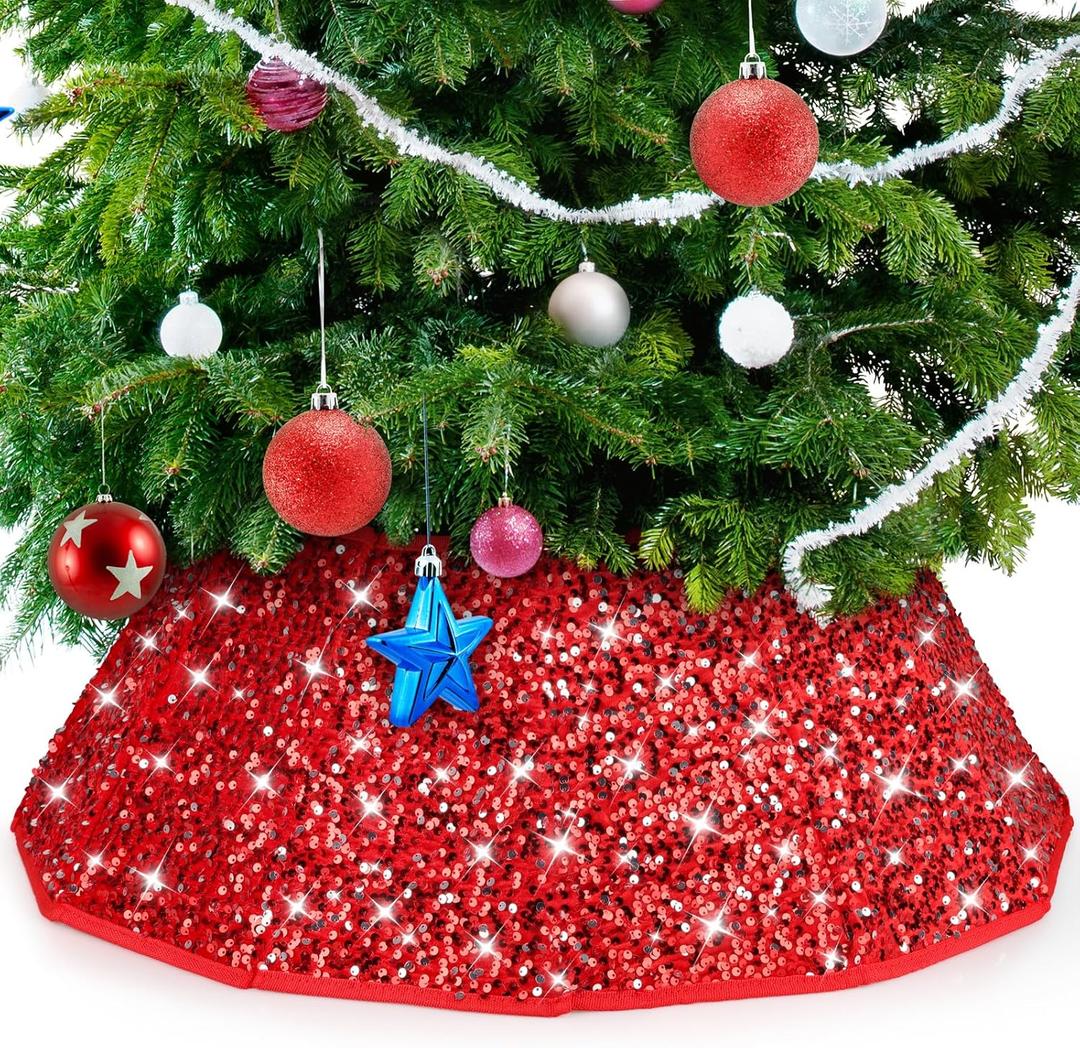 Lemicin Red Christmas Collar Sequins - 25 Inch Glitter Merry Xmas Tree Base Collapsible Skirt Stand Cover for Winter Holiday Home Decor