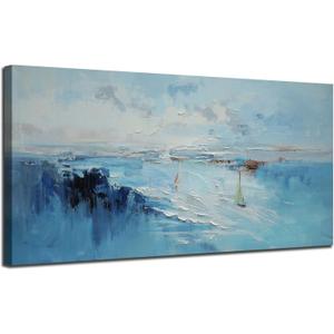Ardemy Blue Abstract Wall Art Coastal Sailboat Textured Canvas Modern Teal White Artwork Framed for Living Room Bedroom Kitchen Bathroom Dinning Room Home Office Wall Decor, Extra Large Size 58"x29" (58L" x 29W", Blue coastal)